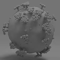 Detailed 3D Rendering of Virus Structure With Red Surface Spike Proteins and Yellow Particles