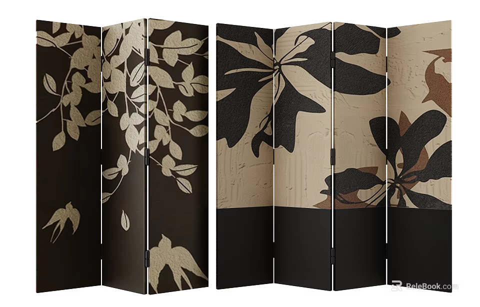 Three Panel Folding Room Divider With Dark And Beige Leaf Flower Patterns 3d model 