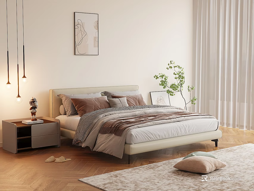 Double Bed with Cozy Pillows Striped Comforter Nightstand Table Lamp Wall Art and Green Plant 3d model 