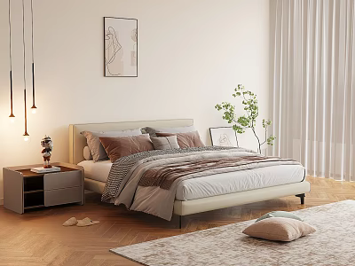 Double Bed with Cozy Pillows Striped Comforter Nightstand Table Lamp Wall Art and Green Plant 3d model