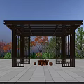 Modern Landscape Pavilion with Black Frame Transparent Roof Stone Furniture and Colorful Trees in Square