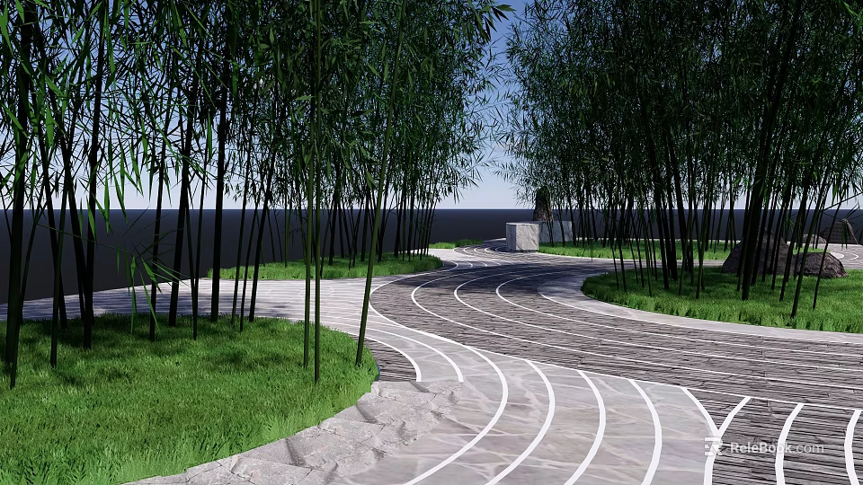 Serene Garden Landscape With Tall Bamboo Trees Curved Stone Path And Green Grass 3d model 