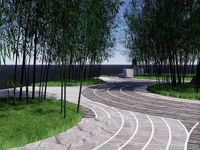 Serene Garden Landscape With Tall Bamboo Trees Curved Stone Path And Green Grass 3d model