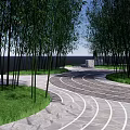 Serene Garden Landscape With Tall Bamboo Trees Curved Stone Path And Green Grass