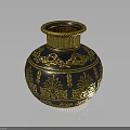 Elegant Dark Blue Vase With Intricate Gold Patterns And Gold Rim