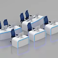 Modern Office Workspace With Multiple White Desks Computers Office Chairs And Blue Lighting 3d model