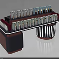 Modern Retail Display Shelf With Multicolored Cosmetic Products And Striped Pillars
