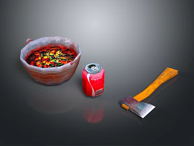 Bowl With Red Liquid Vegetables Coca Cola Can And Wooden Handle Axe 3d model