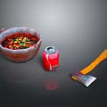 Bowl With Red Liquid Vegetables Coca Cola Can And Wooden Handle Axe