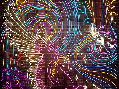 Decorative Neon Lights with Winged Unicorn Colorful Swirls and Stars 3d model