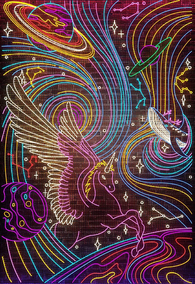Decorative Neon Lights with Winged Unicorn Colorful Swirls and Stars 3d model