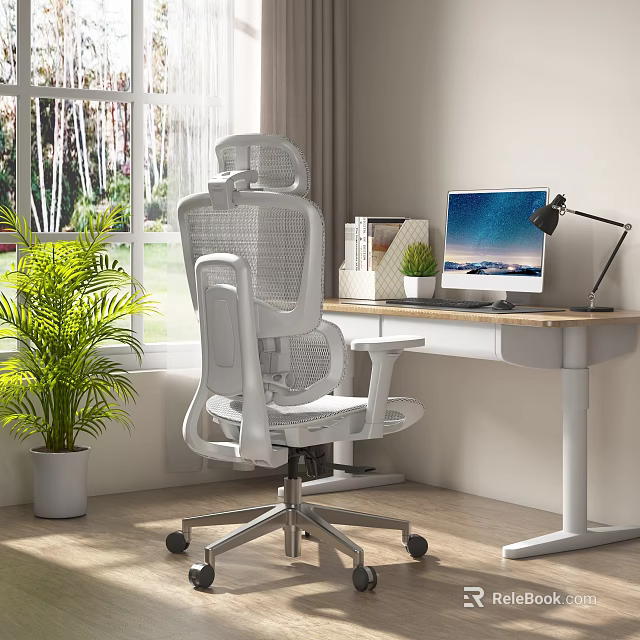 Ergonomic White Mesh Office Chair in Modern Home Office Desk Setup with Laptop and Plants 3d model 