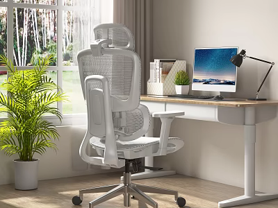 Ergonomic White Mesh Office Chair in Modern Home Office Desk Setup with Laptop and Plants 3d model