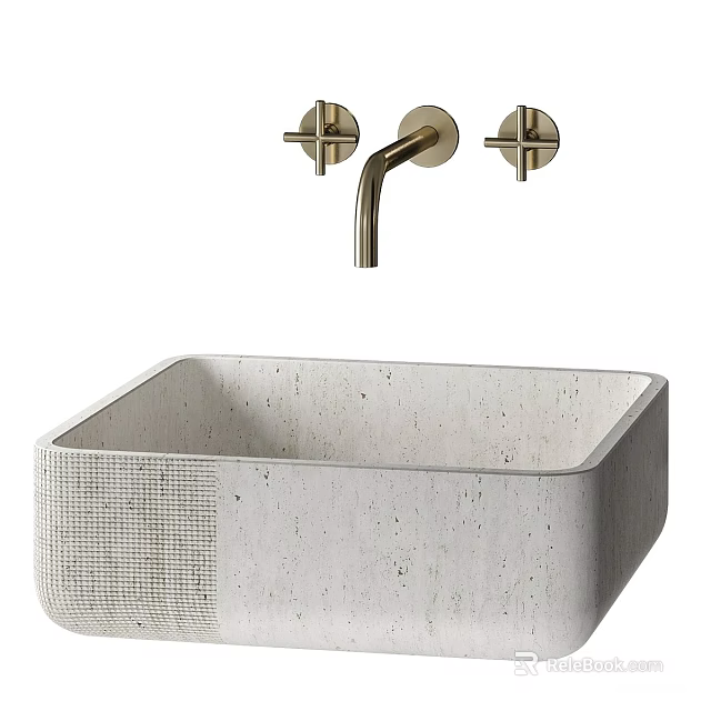 Modern Textured Concrete Square Basin With Gold Wall Mounted Faucet And Knobs 3d model 