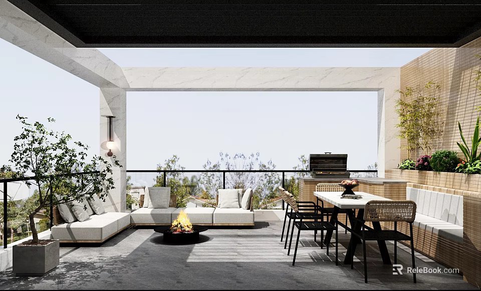 Modern Villa Balcony With White Sofa Fire Pit Dining Set Grill And Scenic View 3d model 