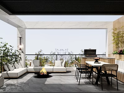 Modern Villa Balcony With White Sofa Fire Pit Dining Set Grill And Scenic View 3d model