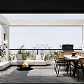 Modern Villa Balcony With White Sofa Fire Pit Dining Set Grill And Scenic View