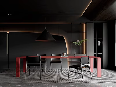 Black Toned Restaurant Interior With Red Long Table Black Chairs Pendant Light Plant And Bookshelf 3d model