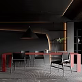 Black Toned Restaurant Interior With Red Long Table Black Chairs Pendant Light Plant And Bookshelf