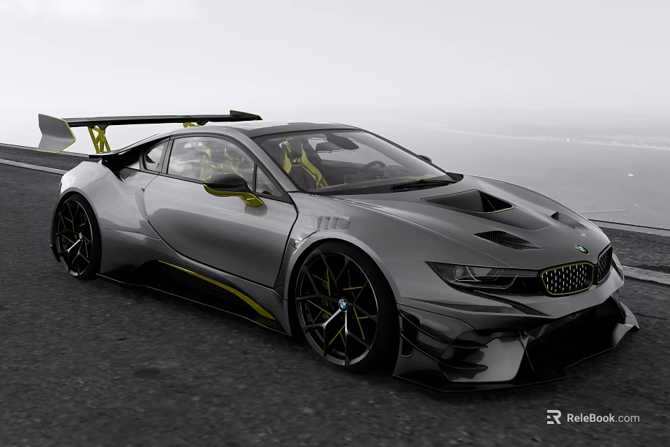 BMW Silver Gray Sports Car With Yellow Accents And Large Rear Wing On Coastal Road 3d model 
