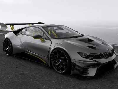 BMW Silver Gray Sports Car With Yellow Accents And Large Rear Wing On Coastal Road 3d model