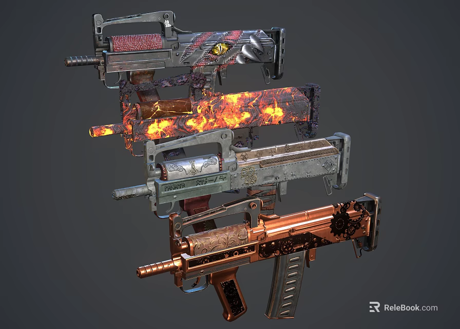 Unique Modern Tactical Weapons With Flame Patterns And Metal Finishes 3d model 