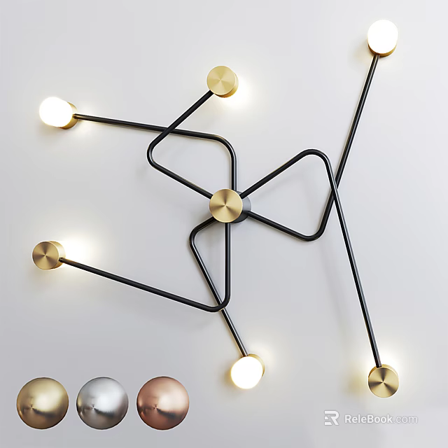 Modern Abstract Wall Sconce With Curved Black Metal Frame Gold Accents And Illuminated Bulbs 3d model 