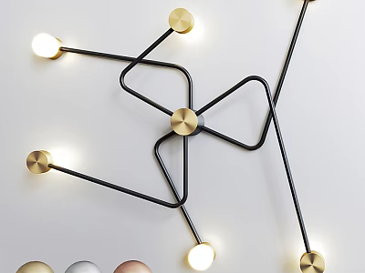 Modern Abstract Wall Sconce With Curved Black Metal Frame Gold Accents And Illuminated Bulbs 3d model