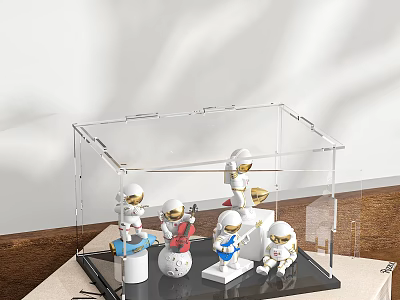 Multiple Astronaut Dolls In Transparent Acrylic Display Case With Different Poses For Decorative Collection 3d model