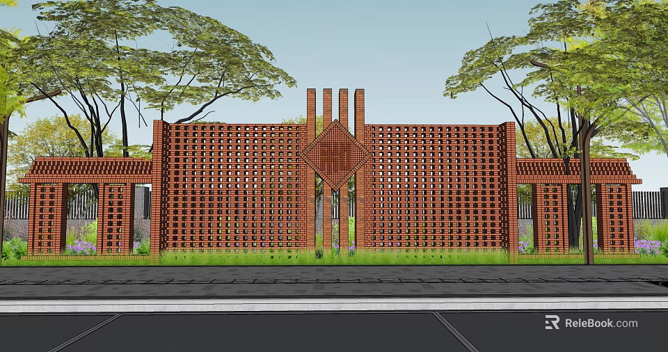 Red Brick Perforated Screen Wall With Central Geometric Pattern And Green Trees 3d model