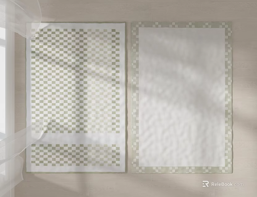 Light Colored Square Carpets With Checkerboard Pattern And Solid Border On Wooden Floor 3d model