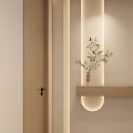 Modern Bathroom With Wooden Double Doors Recessed Niche Green Plant And Warm Lighting