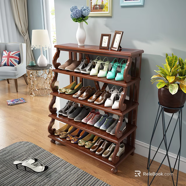 Wooden Multi Tiered Shoe Rack With Various Shoes In Home Living Room Decor 3d model 