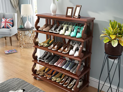 Wooden Multi Tiered Shoe Rack With Various Shoes In Home Living Room Decor 3d model