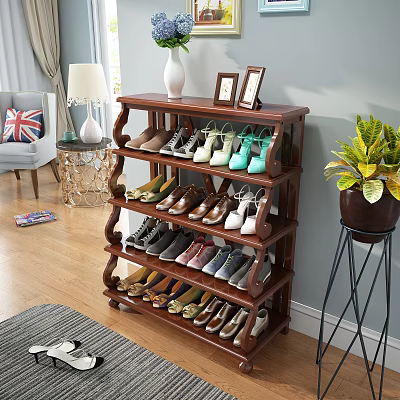 Wooden Multi Tiered Shoe Rack With Various Shoes In Home Living Room Decor 3d model
