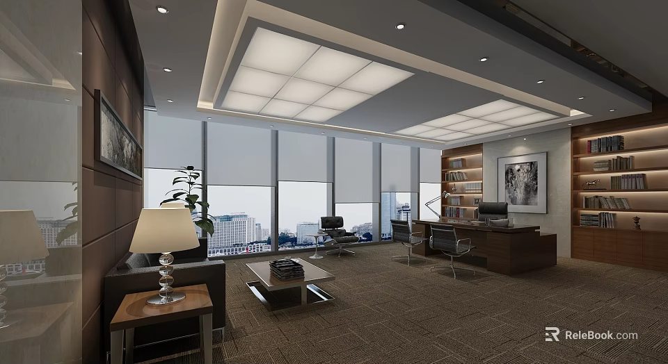 Modern Office Interior Design With Large Windows Wooden Desk Leather Chairs And Bookshelf 3d model 