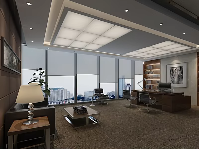 Modern Office Interior Design With Large Windows Wooden Desk Leather Chairs And Bookshelf 3d model