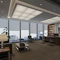 Modern Office Interior Design With Large Windows Wooden Desk Leather Chairs And Bookshelf