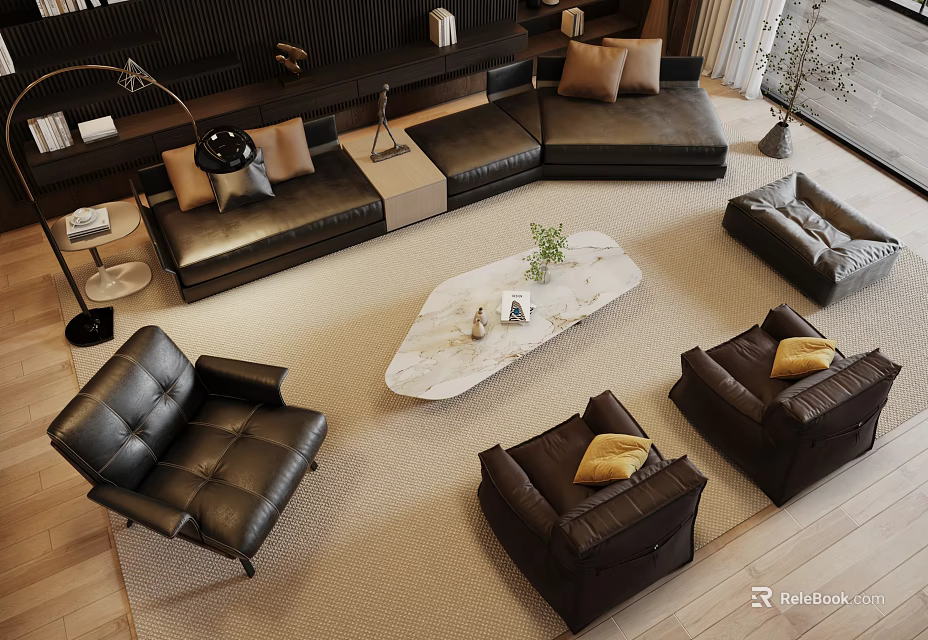 Modern Leather Sofa Set With Marble Coffee Table And Decorative Throw Pillows 3d model