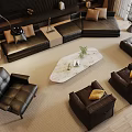Modern Leather Sofa Set With Marble Coffee Table And Decorative Throw Pillows 3d model