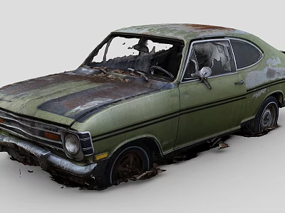 Abandoned Green Vintage Car With Rusty Body Broken Windows And Fallen Leaves 3d model