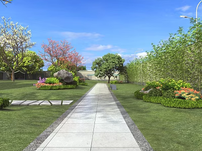 Beautiful Park Landscape With Stone Walkway Green Lawn Colorful Flowers And Trees 3d model
