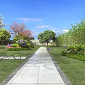 Beautiful Park Landscape With Stone Walkway Green Lawn Colorful Flowers And Trees