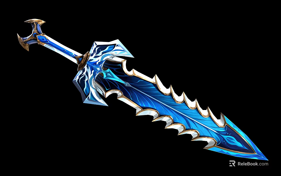 Blue Enchanted Fantasy Sword with Serrated Blade and Intricate Decorations Isolated on Black Background 3d model 