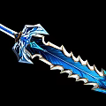 Blue Enchanted Fantasy Sword with Serrated Blade and Intricate Decorations Isolated on Black Background