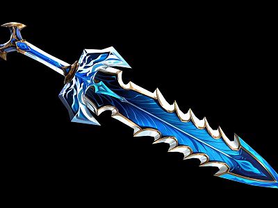 Blue Enchanted Fantasy Sword with Serrated Blade and Intricate Decorations Isolated on Black Background 3d model