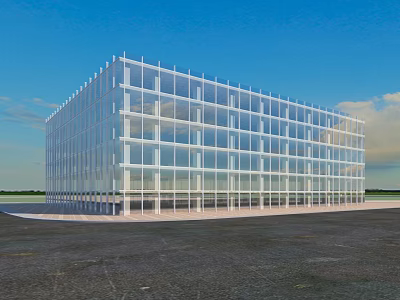Modern Glass Facade Office Building With Large Windows And Open Ground Under Blue Sky 3d model