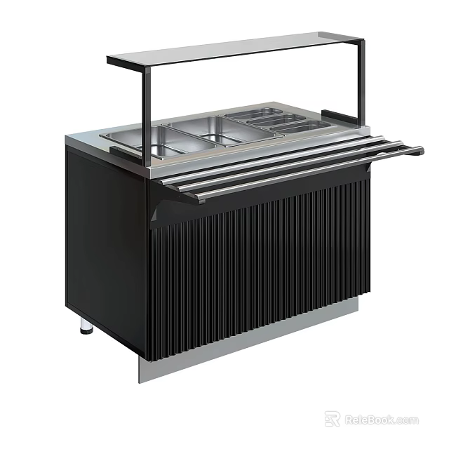 Black Showcase Shelf With Stainless Steel Top Divided Compartments Vertical Striped Panel And Side Handles 3d model 