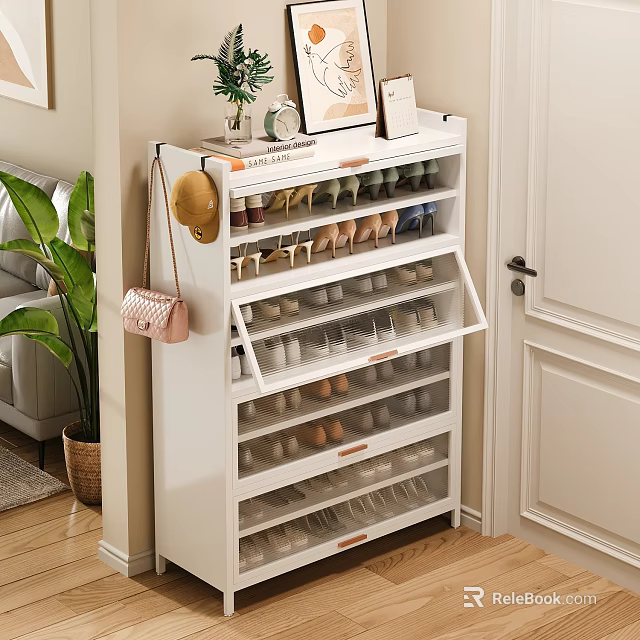 Modern White Shoe Cabinet With Transparent Doors Multiple Layers And Decorative Items On Top 3d model 