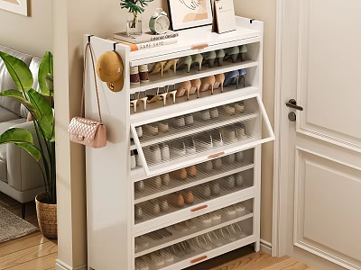 Modern White Shoe Cabinet With Transparent Doors Multiple Layers And Decorative Items On Top 3d model